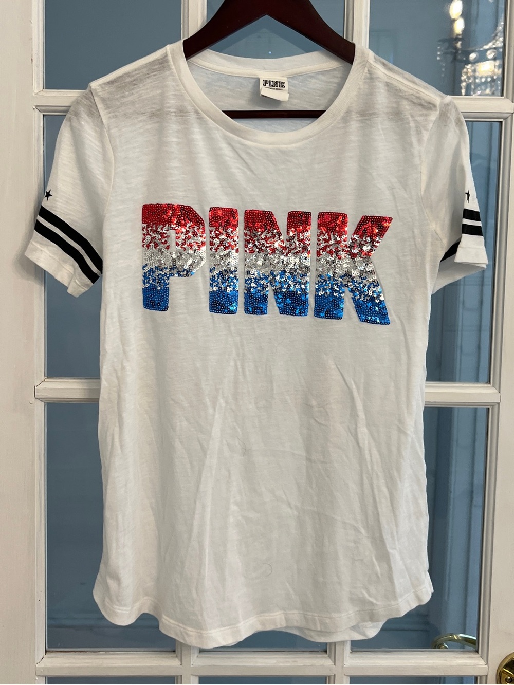 PINK Victoria’s Secret Women’s Red White Blue Sequin Logo Graphic T Shirt S